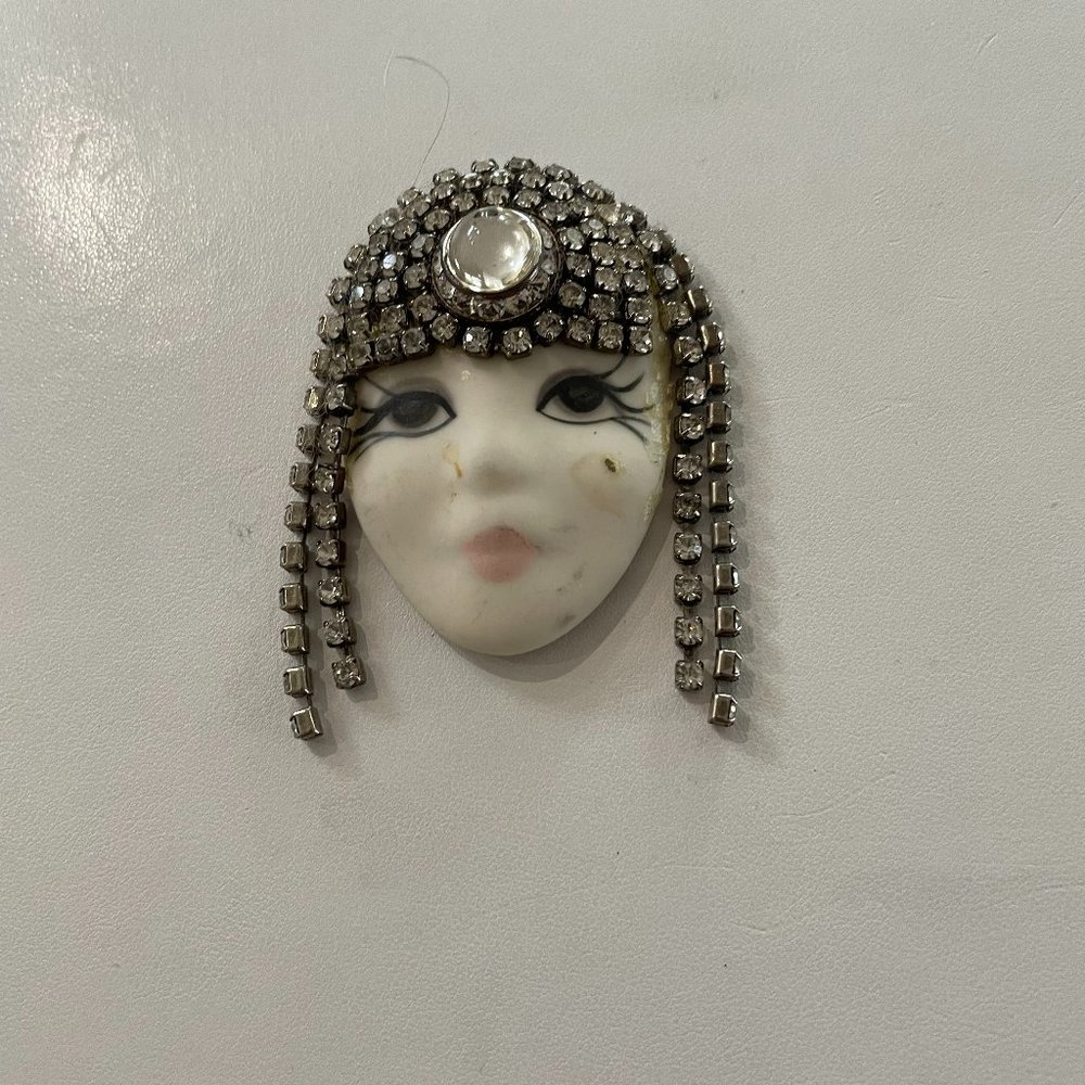 Vintage Porcelain Flapper Face Brooch